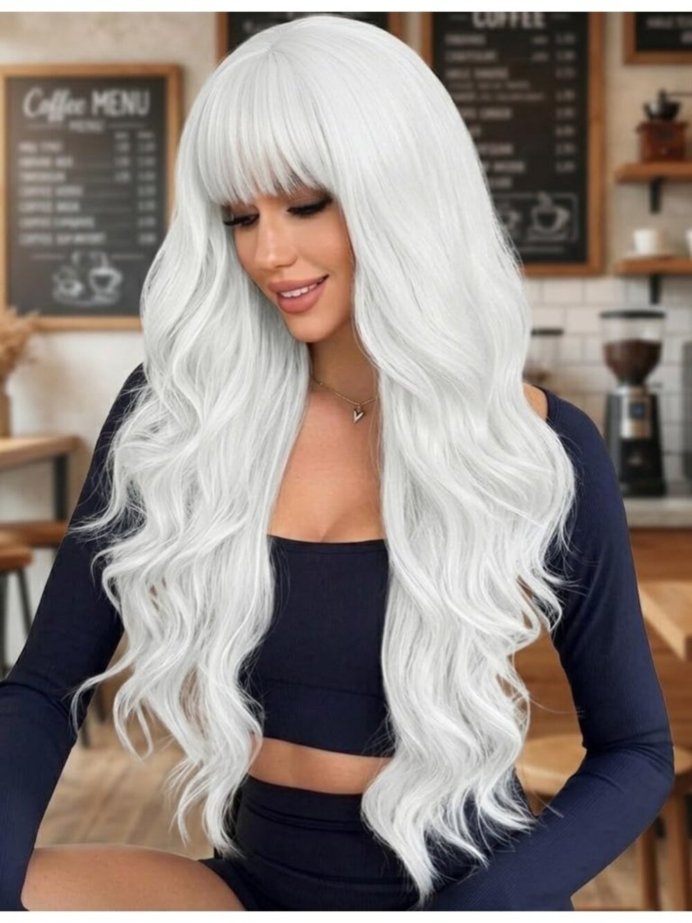 26 Inch Women's Fashion White Soft Long synthetic Wavy Curly Wig with Bangs